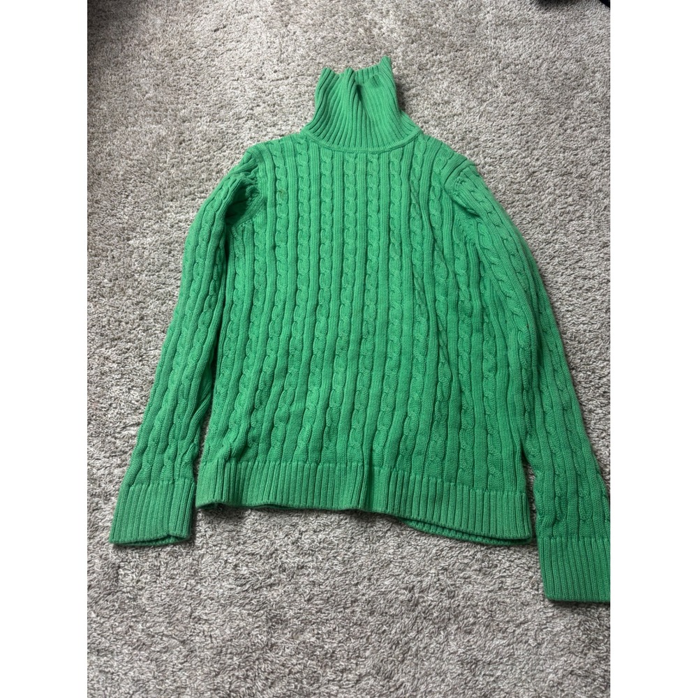 LL Bean Green Cable Knit Turtleneck Sweater 100% Cotton Large Regular OKAV7